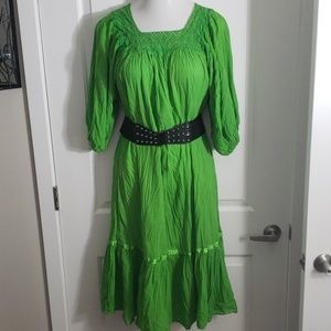 Vibrant Green Crochet Neck Peasant Midi Dress